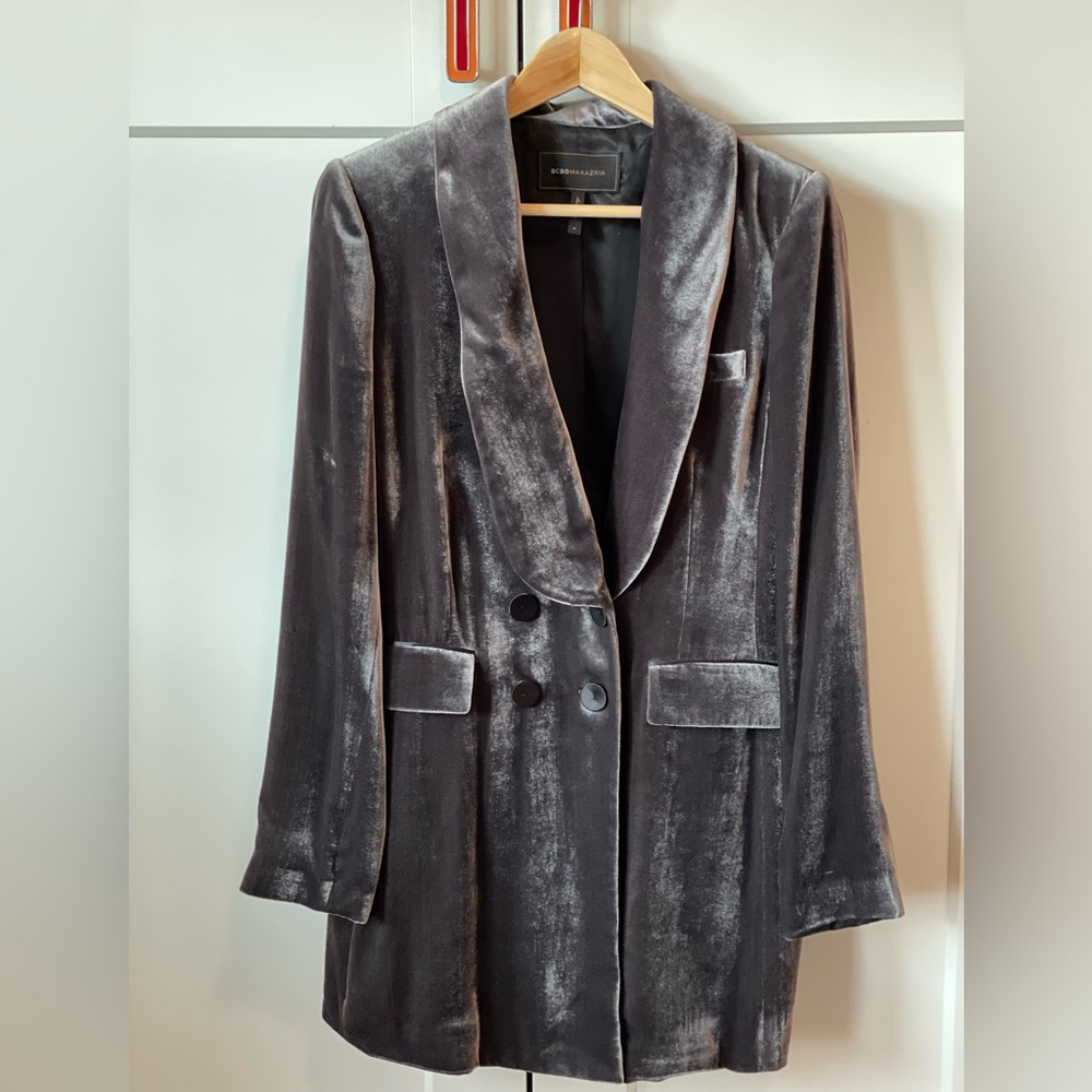 Velvet Double-Breasted Blazer Jacket - Gray